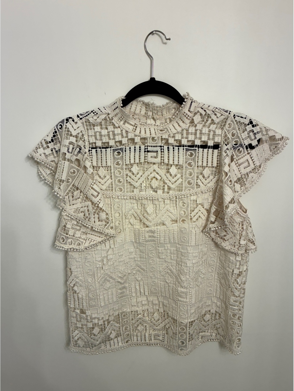 XS Maeve by Anthropologie Ivory Geometric Lace Top Mock Neck Boho Flutter Sleeve